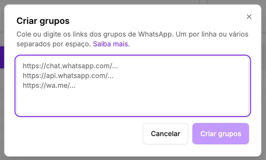Tela de criação de um novo grupo de WhatsApp