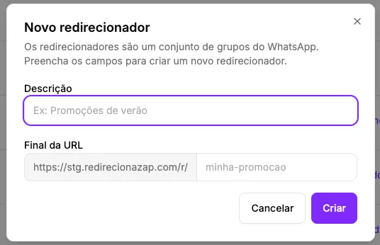 Tela de criação de um novo redirecionador