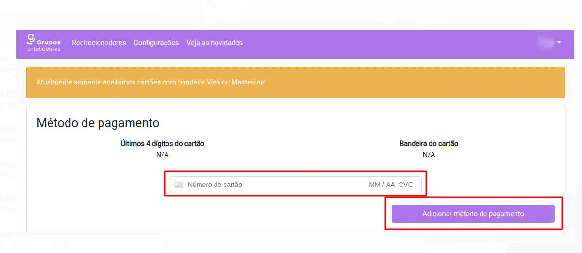 Tela para inserção de novo cartão de crédito durante a troca de plano
