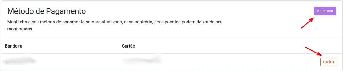 Seção de gerenciamento de cartões de crédito e faturamento