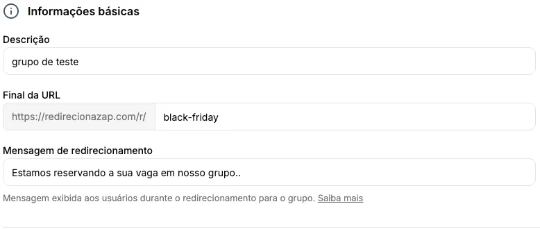 Aba Configurações para editar informações do redirecionador