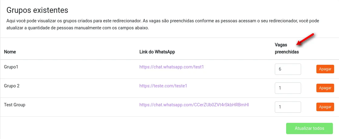 Botão para atualizar manualmente as vagas preenchidas nos grupos