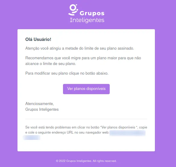 Alerta visual de 50% de uso do limite de cliques do plano