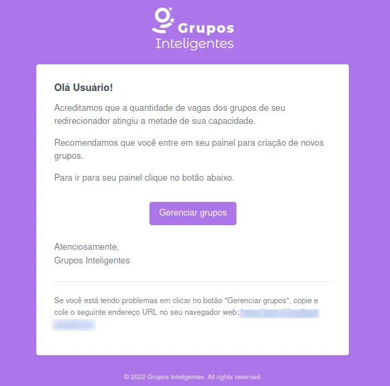 Exemplo de alerta de 50% da capacidade total do redirecionador