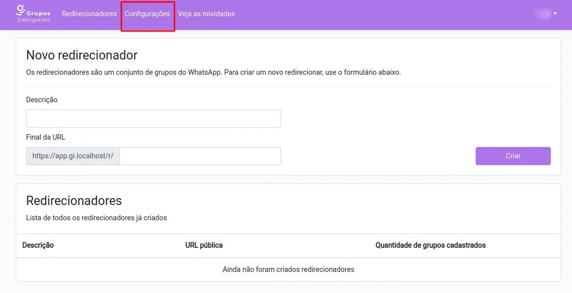 Acesso às configurações de conta no painel