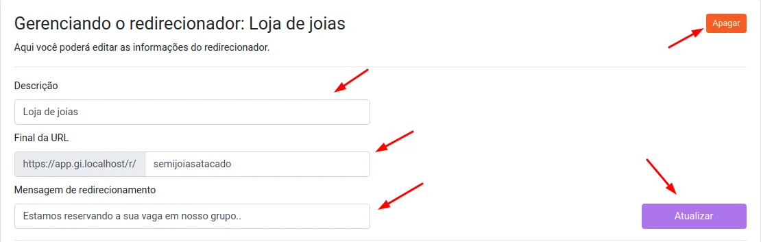 Edição de configurações avançadas do redirecionador