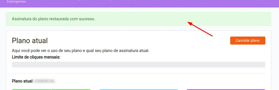 Mensagem de confirmação de plano reestabelecido com sucesso