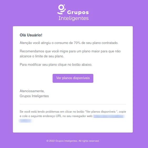 Alerta visual de 70% de uso do limite de cliques do plano