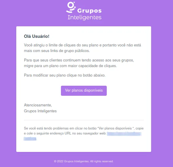 Alerta visual de 100% de uso do limite de cliques do plano